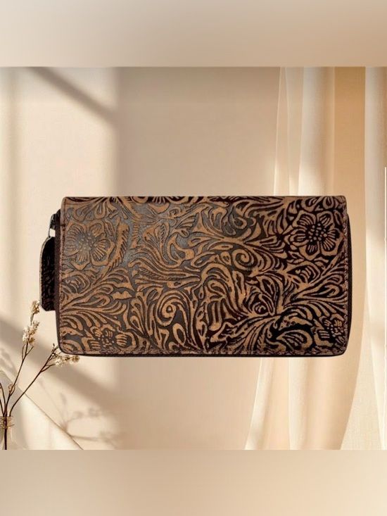 Handbags - Embossed Floral Leather Zip Wallet - Brown and Black